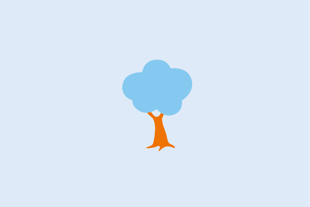 Illustrationen eines Baumes mit blauem Blätterdach und orangefarbenem Stamm.