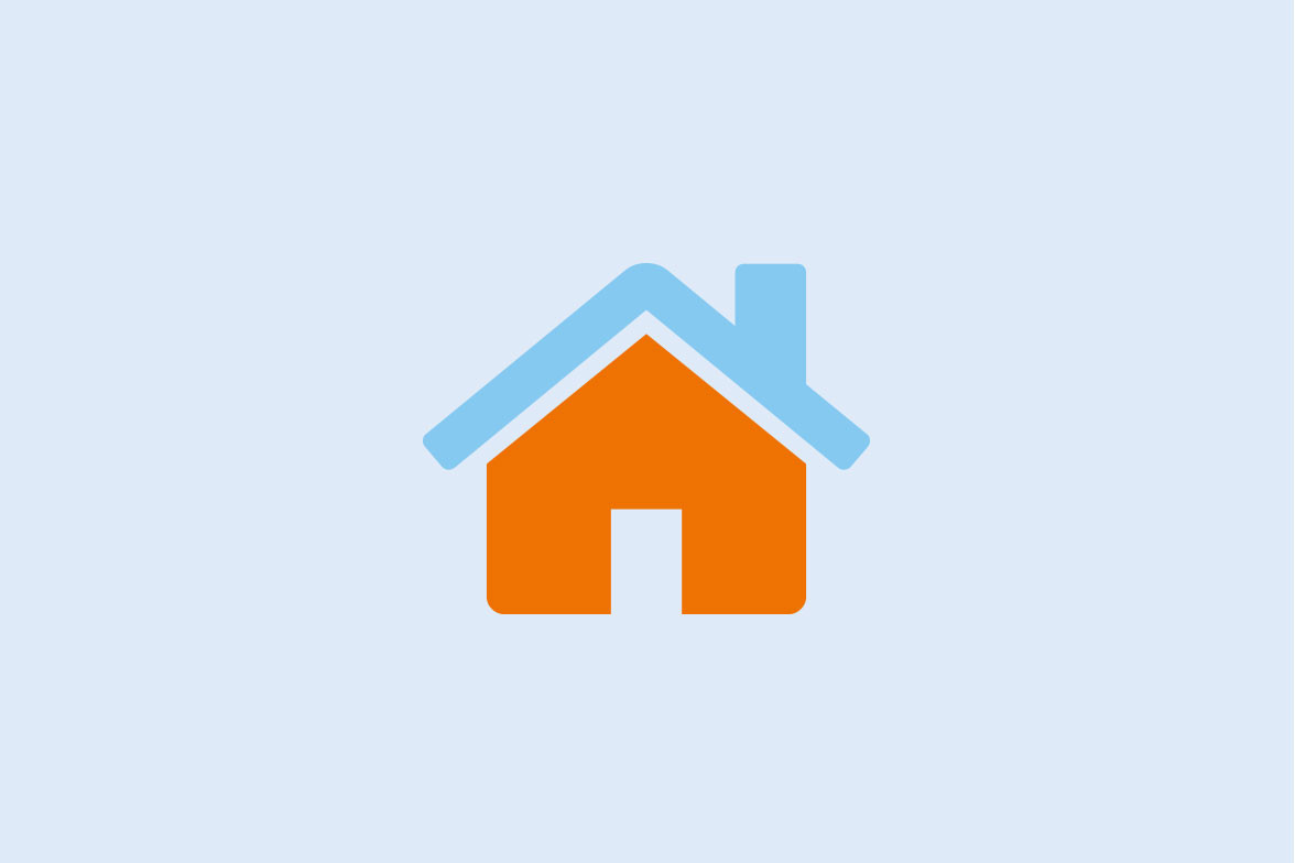Illustration eines Hauses mit orangefarbenen Wänden und blauem Dach.